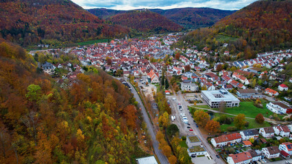 Aerial view of the old town of the city Bad Urach in Germany on a sunny afternoon in autumn