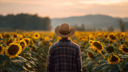 Fototapeta premium Man standing in blooming sunflower field during golden hour, wearing straw hat and flannel shirt sunflowers, nature scene, summer farming, calm sunset, countryside serenity, back v