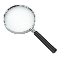 A classic magnifying glass with a clear, reflective glass lens, shiny silver frame, and black handle, diagonally on a transparent background with copy space, no shadows. Concept of search and
