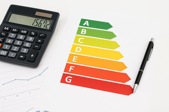 Energy efficiency rating chart on paper with black pen and calculator. Concept of energy audit, electricity consumption analysis, cost calculation, and sustainable home planning.
