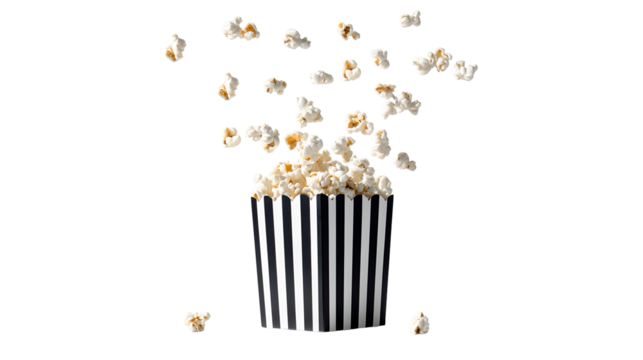 Popcorn flying out of black white striped paper box 