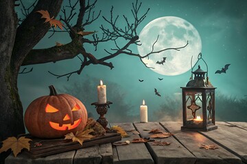 Spooky halloween scene with a carved pumpkin lit candles and a lantern under a full moon with flying bats and autumn leaves