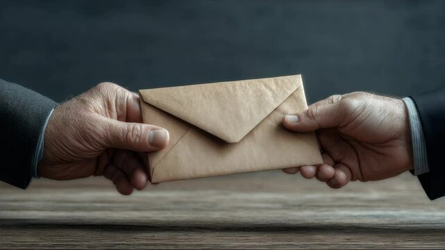 Hand exchanging brown paper envelope over wooden surface symbolizing communication message exchange trust closeup mail delivery