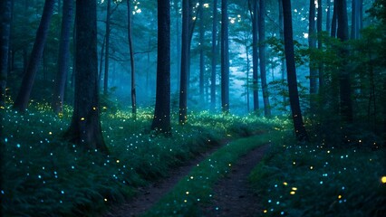 Fototapeta premium Misty morning light filters through the green forest, illuminating a peaceful path through the trees