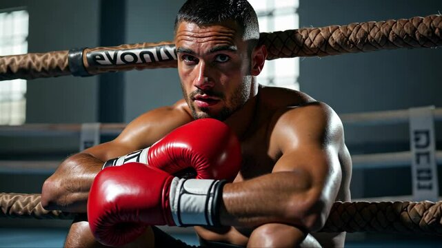 Determined boxer with red gloves resting on the ropes in a boxing ring. Concept of strength, endurance, and combat sports.