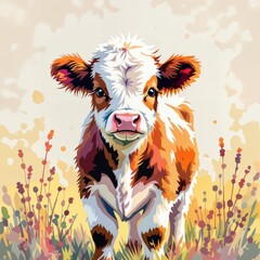 Obraz premium A colorful depiction of a young calf stands amidst stylized plants and flowers, portraying a lively and whimsical scene