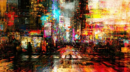 Obraz premium Vibrant city street scene at night, digitally painted.