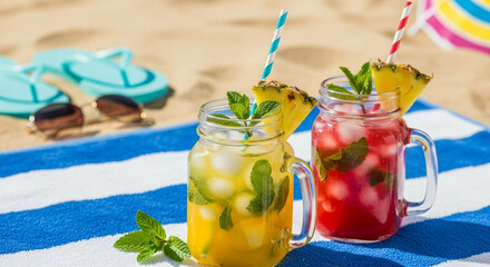 Colorful Tropical Drinks on Beach Towel with Pineapple and Mint �C Refreshing Summer Cocktails for Vacation Vibes, Perfect for Beverage Ads, Travel Blogs and Social Media Content