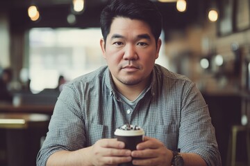 Man sitting in a cafe holding a cup of coffee on a relaxed afternoon in an urban setting