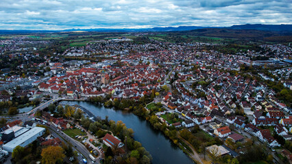 Aerial view of the old town of the city Nürtingen
 in Germany on a sunny afternoon in autumn