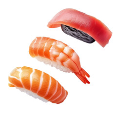 Three Pieces of Nigiri Sushi Isolated on Transparent Background – PNG Cutout Featuring Tuna, Shrimp, and Salmon