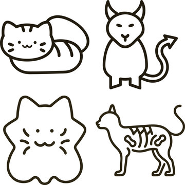 Collection of four cute and spooky cat illustrations in a simple outline style