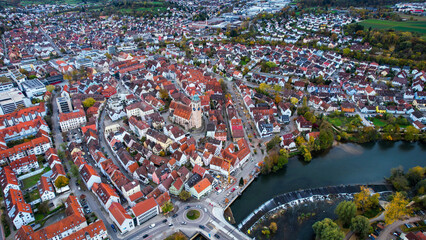 Aerial view of the old town of the city Nürtingen
 in Germany on a sunny afternoon in autumn