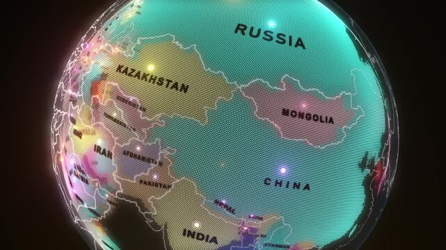 This image is a digitally stylized globe map focused on Central Asia and surrounding regions, animation, 3d rendering, ILLUSTRATION,
