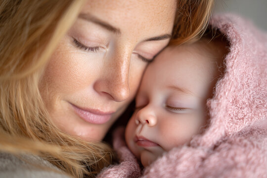 Una madre con ojos cerrados abraza tiernamente a su reci&eacute;n nacido dormido envuelto en manta.La esencia pura del amor maternal y la paz de un nuevo comienzo, v&iacute;nculo inquebrantable.