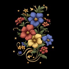 Vibrant floral bouquet design with intricate gold scrollwork and small stars.  Detailed colorful flowers in reds, blues, and yellows, creating a rich visual tapestry