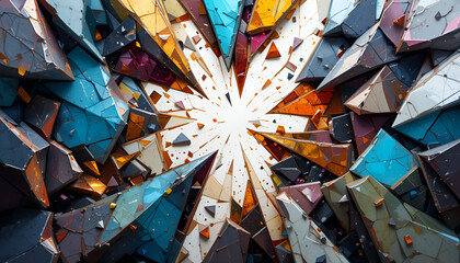 Abstract geometric explosion reveals a burst of multicolored shards and shapes, a visually striking backdrop.
