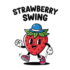Whimsical Cartoon Strawberry Character Swinging with Hat and Shoes Illustration