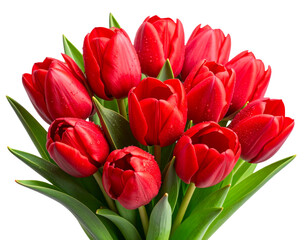 Bright Red Tulip Bouquet with Dew Drops, isolated on transparent background