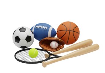 Classic soccer ball, american football, orange basketball, black tennis racket, neon tennis ball, brown leather baseball glove, white baseball, and wooden bat on clean white background with copy