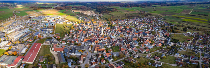 Aerial view of the old town of the city Merklingen
 in Germany on a sunny afternoon in autumn