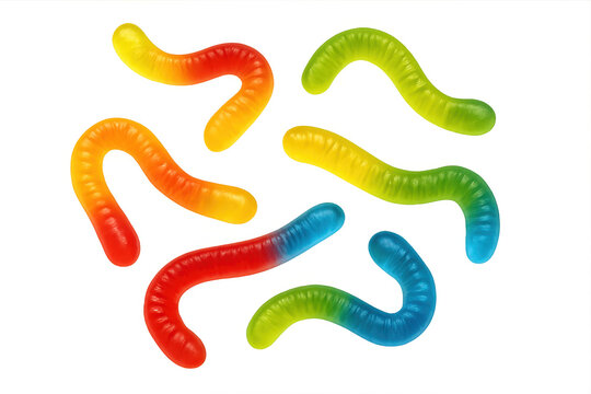 Colorful gummy worms spread across clear surface, showcasing bright candy shapes and playful candy texture