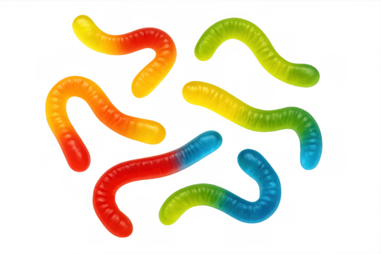 Colorful gummy worms spread across clear surface, showcasing bright candy shapes and playful candy texture