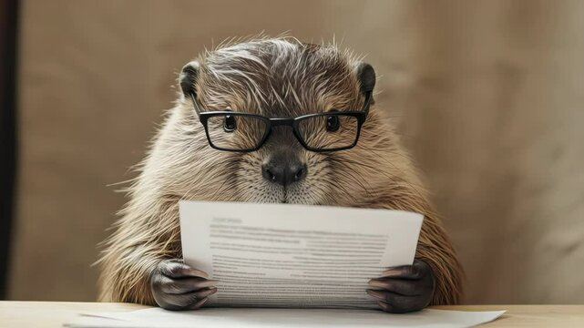 Groundhog Wearing Glasses Reading Paper Document Indoors with Light Brown Background