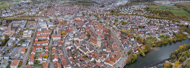 Aerial view of the old town of the city Nürtingen
 in Germany on a sunny afternoon in autumn