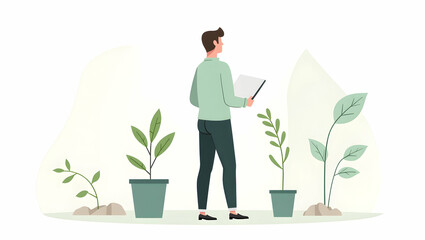 Flat Vector Illustration: Strategic Sustainability in Business for Market Leadership through Eco Practices and Resource Optimization