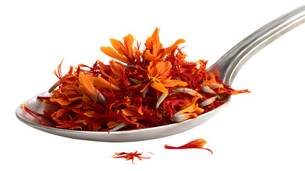Fototapeta premium Safflower petals in a spoon isolated on a white background