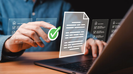 A digital workspace scene showing a hand managing signed documents on a MacBook Pro, with icons, checkmarks, and soft-focused background layers
