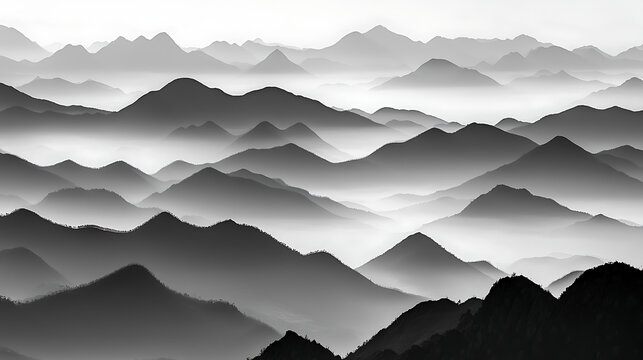 The mountains are covered in fog and the sky is cloudy