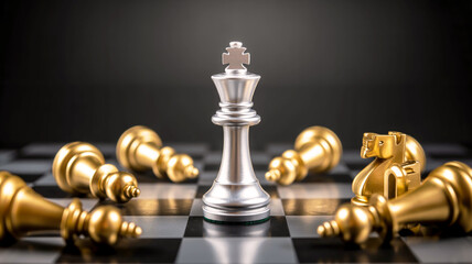 A dramatic close-up photograph of a chess board with a silver king piece standing prominently in the center