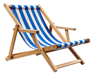 Classic Wooden Beach Chair with Blue and White Striped Fabric, isolated on transparent background