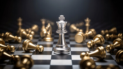 A dramatic close-up photograph of a chess board with a silver king piece standing prominently in the center