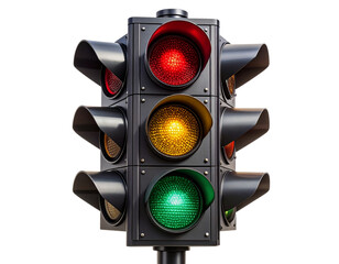 Classic Vertical Traffic Light with Red, Yellow, and Green Lights On, isolated on transparent background