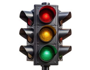Classic Vertical Traffic Light with Red, Yellow, and Green Lights On, isolated on transparent background