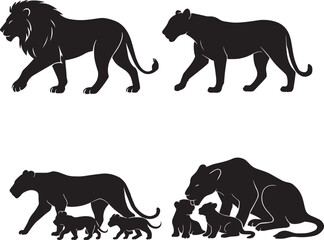 Majestic Lion and Lioness Silhouettes Walking, Nurturing, Protecting, and Searching