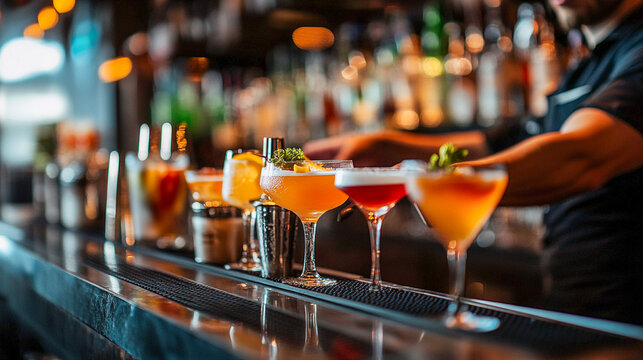 Vibrant cocktails line up at a dimly lit bar, ready to be served for a night party. A row of modern cocktails on a bar is the focal point, complemented by a blurred background of bottles and bartender