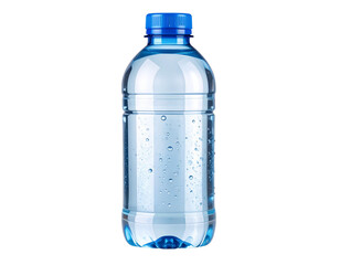 Clear Plastic Water Bottle with Blue Cap and Water Droplets, isolated on transparent background