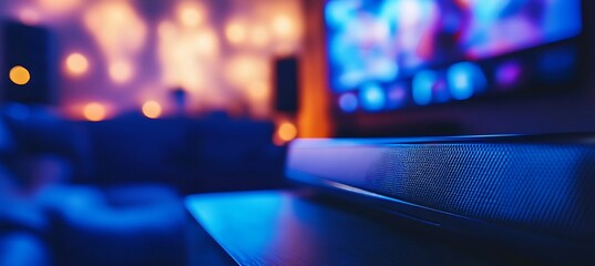 A high-tech soundbar displayed on the right, blurred home theater background
