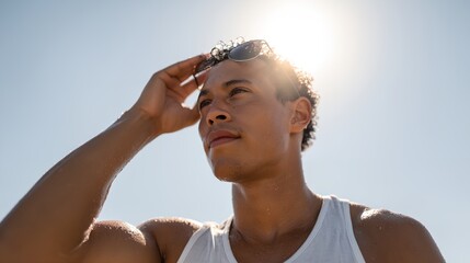 Fototapeta premium Man with a white tank top and sunglasses is looking up at the sun