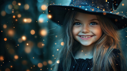 Halloween portrait of a smiling young girl in a black witch hat with glowing magical lights in the background. Enchanting atmosphere.