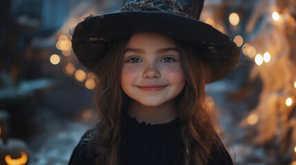 Halloween portrait of a smiling young girl in a black witch hat and costume, with glowing lights in the background. Magical evening.