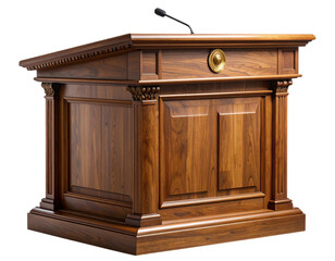 Classic Wooden Speech Lectern with Brass Microphone, isolated on transparent background