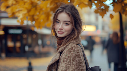 Young woman in warm autumn coat smiling outdoors, golden leaves in background, soft city lights creating cozy fall atmosphere.