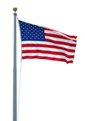 Obraz premium United states flag waving majestically, showing natural folds, attached to a silver flagpole with a spherical finial, isolated on a transparent background with no shadows, captured from a slightly