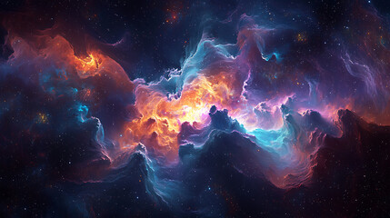 A colorful galaxy with a bright orange cloud in the middle