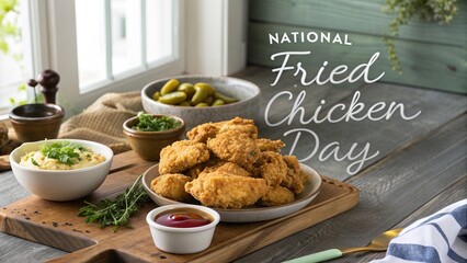 National Fried Chicken Day, Golden crispy fried chicken served on rustic wooden table in cozy style